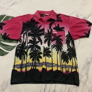 Mens Vintage Hawaiian Aloha Shirt Size M Pink Black Palms Bahamas Tropical Tiki